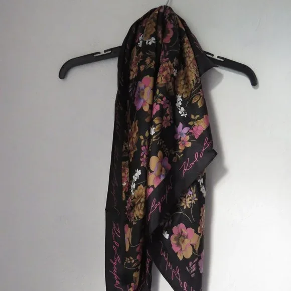 Karl Lagerfeld Black Silk Floral Scarf/Wrap - Picture 2 of 13